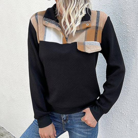 Damen Gestepptes Sweatshirt mit Karobesatz, Stehkragen und Druckknopfleiste Shop Nory