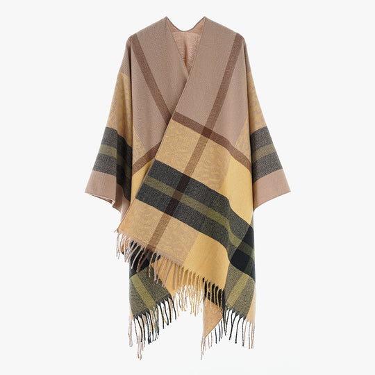 Damen Übergroßer Poncho mit Fransen und Karomuster Shop Nory
