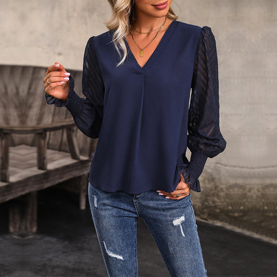 Damen Lockeres V-Ausschnitt-Chiffonblusenshirt mit transparenten Ballonärmeln und Smokbündchen Shop Nory