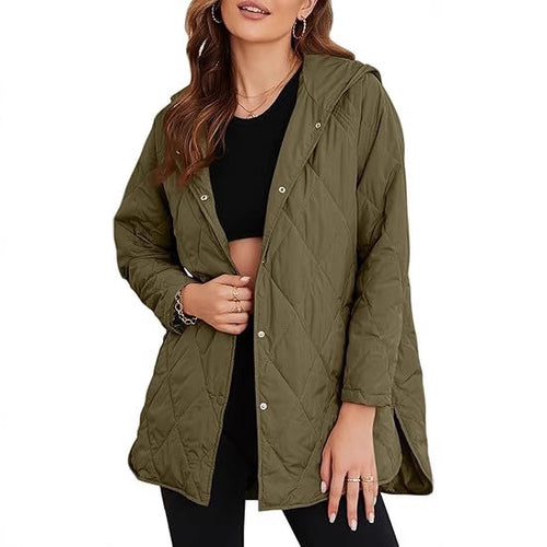 Damen gesteppte Kapuzenjacke mit Druckknopfleiste, seitlichen Schlitzen und mittlerer Länge Shop Nory