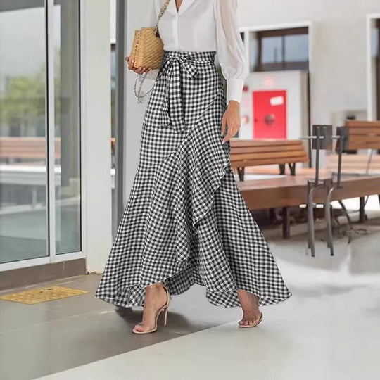 Damen nan Wickel-Maxirock mit Vichy-Karo, hoher Taillenbinde und asymmetrischem Volantsaum Shop Nory