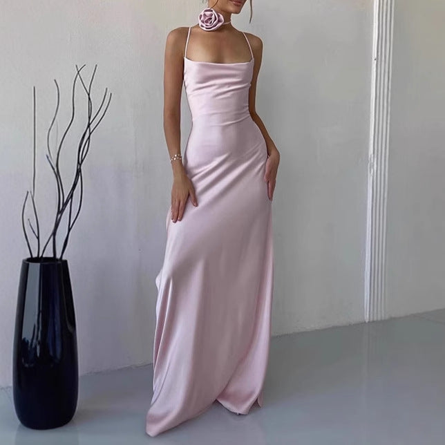 Damen Elegantes Bodenkotan Maxi-Kleid mit schmalen Spaghetti-Trägern und tiefem Ausschnitt