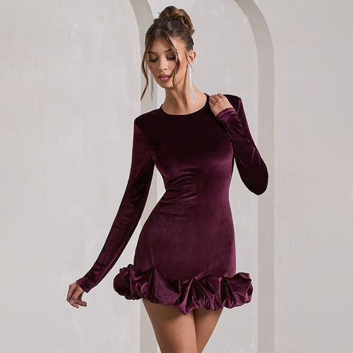 Damen Figurbetontes Samt-Minikleid mit langen Ärmeln und gerafftem Volant-Saum Shop Nory