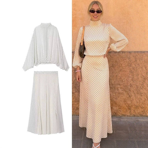 Damen Zweiteiliges Set aus leichtem Chiffon mit weitem Midirock und Ballonärmel-Bluse mit Schleifenkragen Shop Nory