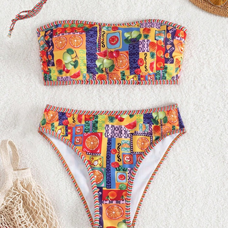 Damen Bandeau-Bikini mit fröhlichem Fruchtmuster