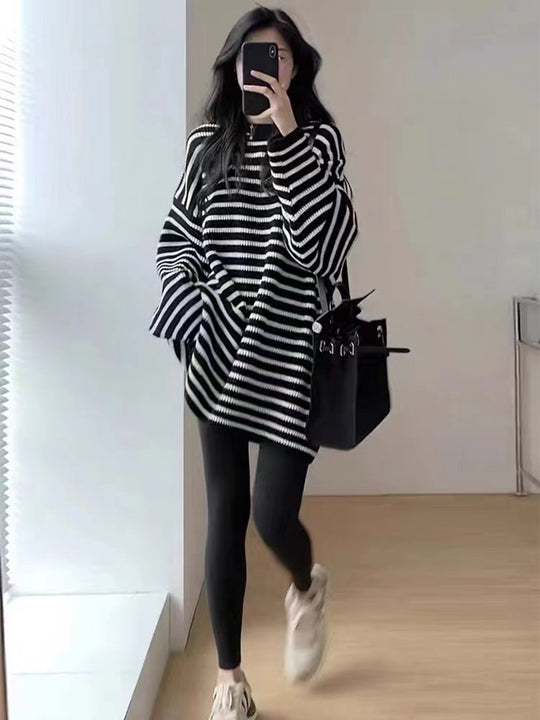 Damen Oversize Strick-Longpullover mit horizontaler Streifenstruktur Shop Nory
