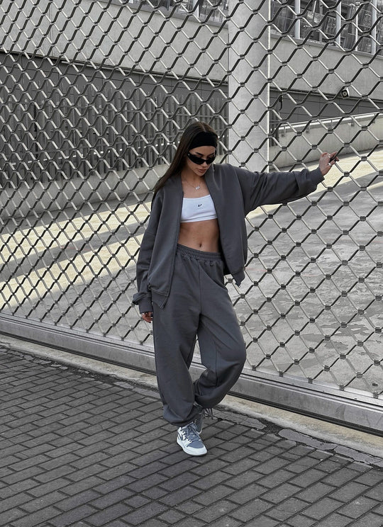 Damen Loose-Fit Freizeit-Set mit Zip-Kapuze und weitem Palazzo-Jogger Shop Nory