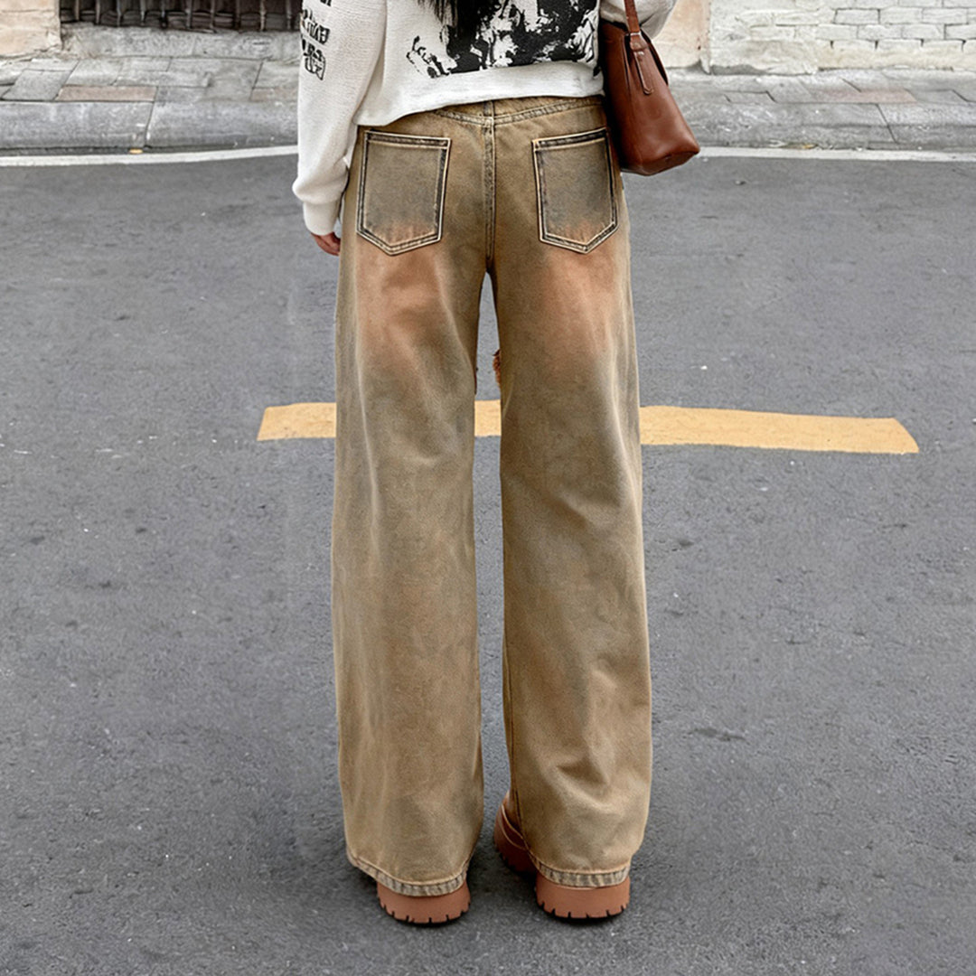 Damen nan hochgeschnittene Wide‑Leg Jeans mit offenen Saumnähten, diagonalem Fransenbesatz und Relaxed Fit Shop Nory