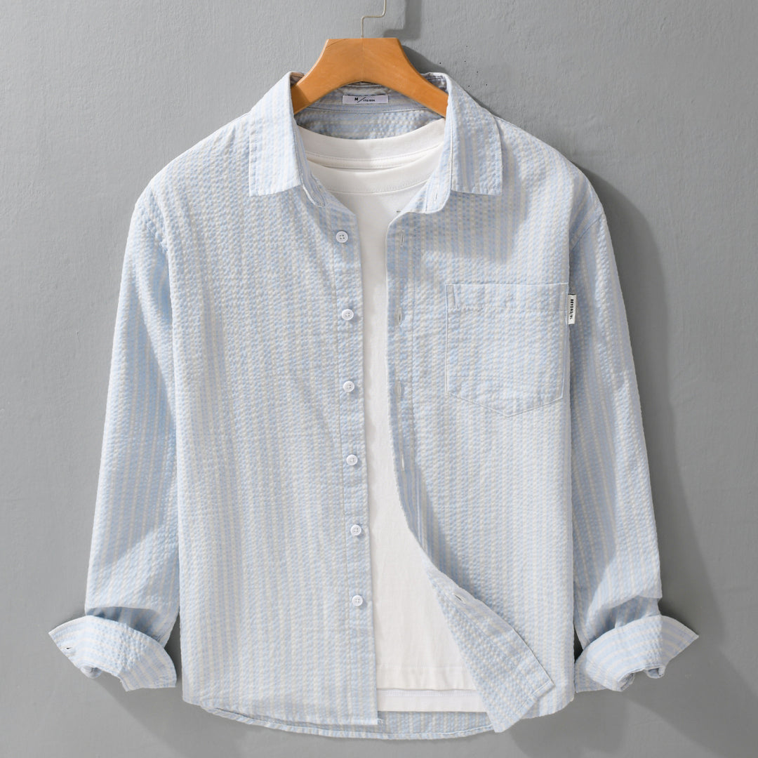 Herren Gestreiftes Relaxed-Overshirt aus strukturiertem Baumwollmix mit Brusttasche Shop Nory