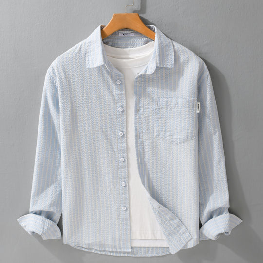 Herren Gestreiftes Relaxed-Overshirt aus strukturiertem Baumwollmix mit Brusttasche Shop Nory
