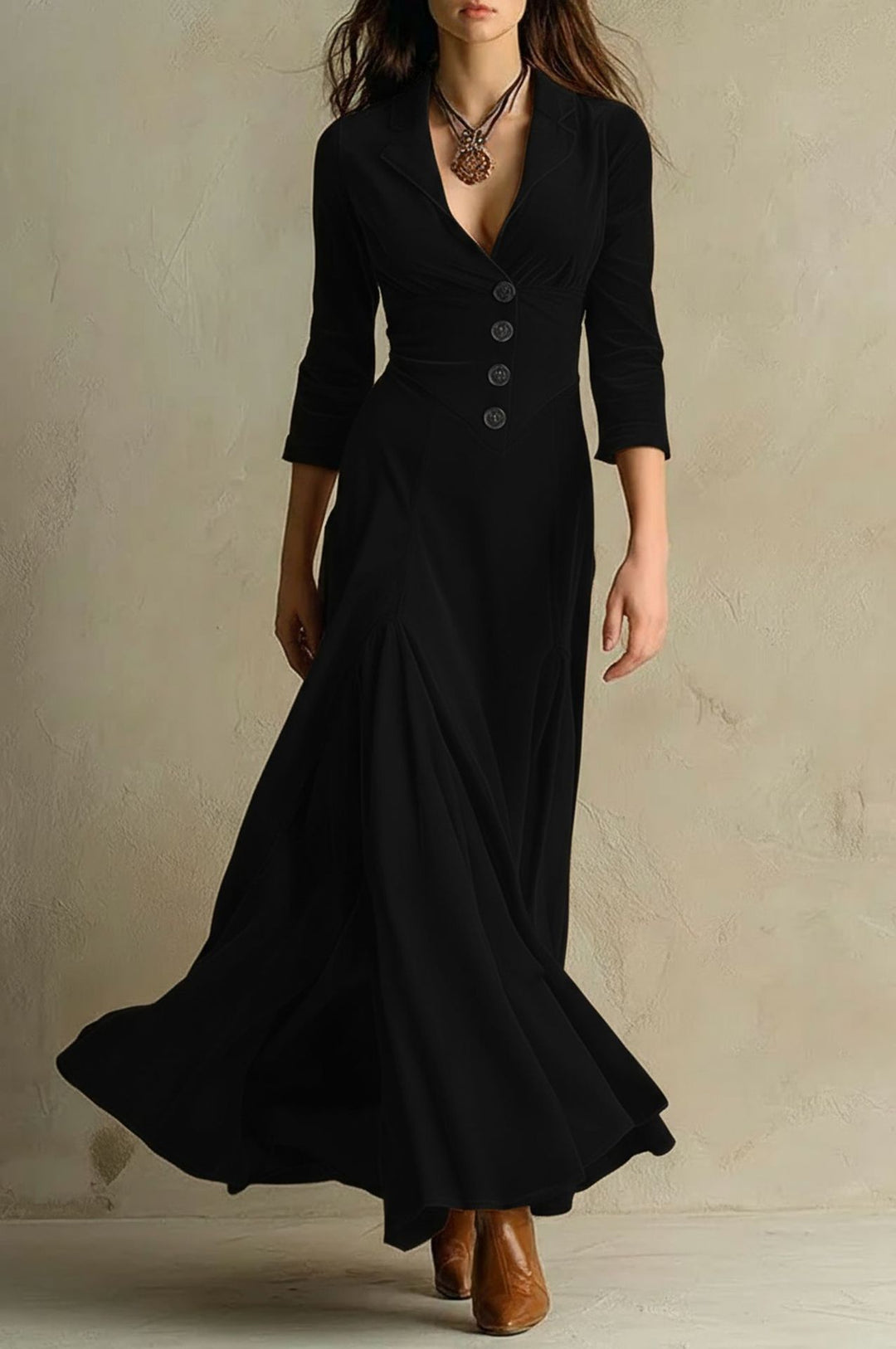 Damen Samt-Midaxi-Kleid mit tailliertem Sakko-Oberteil, V-Ausschnitt und weitem Stufenrock Shop Nory