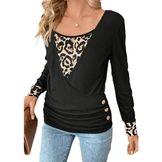Damen Langarm-Top mit Fake-Layer V-Ausschnitt und Leo-Einsatz Shop Nory