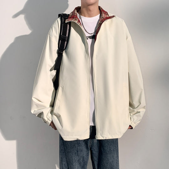 Herren Oversize‑Utility Übergangsjacke mit Reißverschluss und kontrastierendem Karo‑Innenkragen Shop Nory