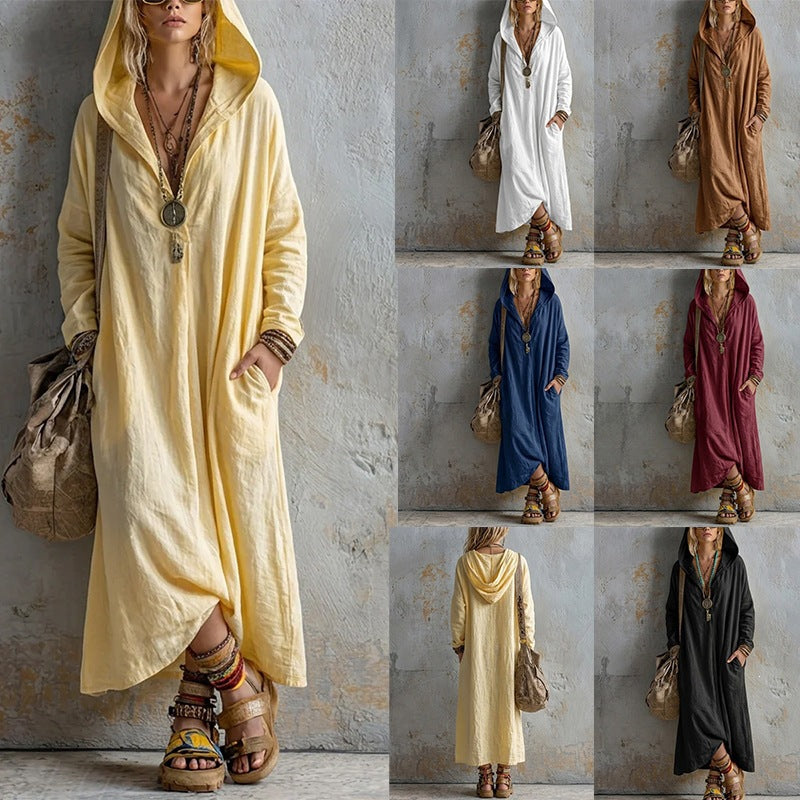 Damen Langes Kapuzenkleid im Boho-Look mit V-Ausschnitt, Eingrifftaschen und lockerem Fall Shop Nory
