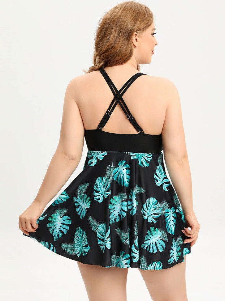 Plus Size V-Ausschnitt Badeanzugkleid mit Kreuzträgern