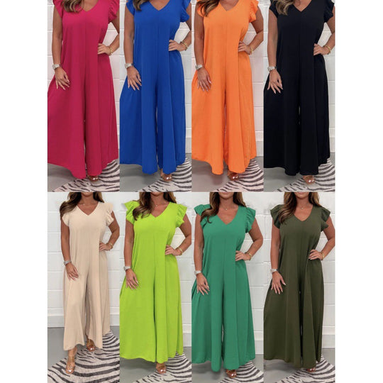 Damen luftiger Jumpsuit mit weit geschnittenem Bein und V-Ausschnitt