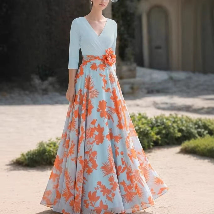 Damen Florales Maxikleid mit Wickeloberteil, dreiviertel-Ärmeln und ausgestelltem Rock Shop Nory