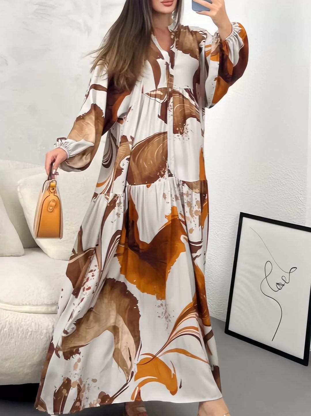 Damen Fließendes Stufenkleid mit Stehkragen, Ballonärmeln und Knopfleiste Shop Nory