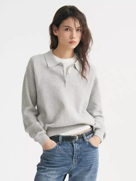 Damen Feinstrick-Polo-Sweater mit Knopfleiste und geripptem Saum Shop Nory