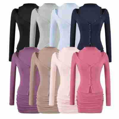 Damen Zweiteiliges Strick-Set mit integrierter Highneck-Weste und asymmetrischer Knopf-Cardigan Shop Nory