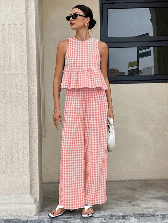 Damen Zweiteiliges Vichy-Karo-Set mit tailliertem Volanttop und weiter Palazzo-Hose Shop Nory