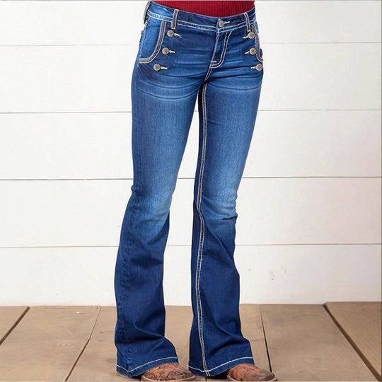 Damen Hochtaillierte Flared-Jeans mit dekorativen Metallknöpfen und Kontraststeppung Shop Nory