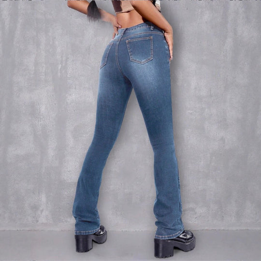 Damen schmale Bootcut-Jeans mit Perlen- und Blumenapplikationen Shop Nory