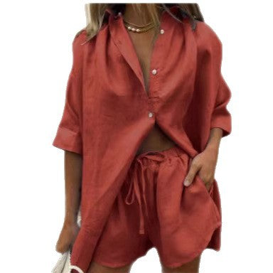 Damen luftige Leinenbluse mit Shorts Shopnory