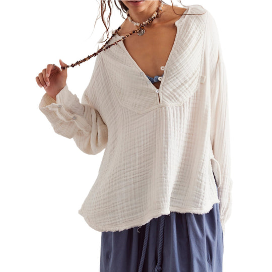 Damen Leichte Baumwoll-Gauze Bluse mit Henley-Ausschnitt Shop Nory