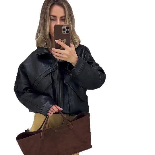 Damen Oversize-Bomberjacke aus strukturiertem Lederimitat mit überlappender Klappenfront Shop Nory