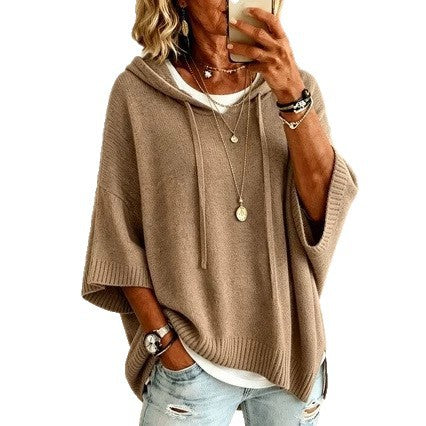 Damen Oversize Strick-Poncho mit Kapuze, Fledermausärmeln und Seitenschlitzen Shop Nory