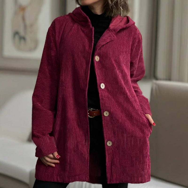 Damen Langer Kapuzen-Strickcardigan mit Rippenstruktur, Knopfleiste und Seitentaschen Shop Nory