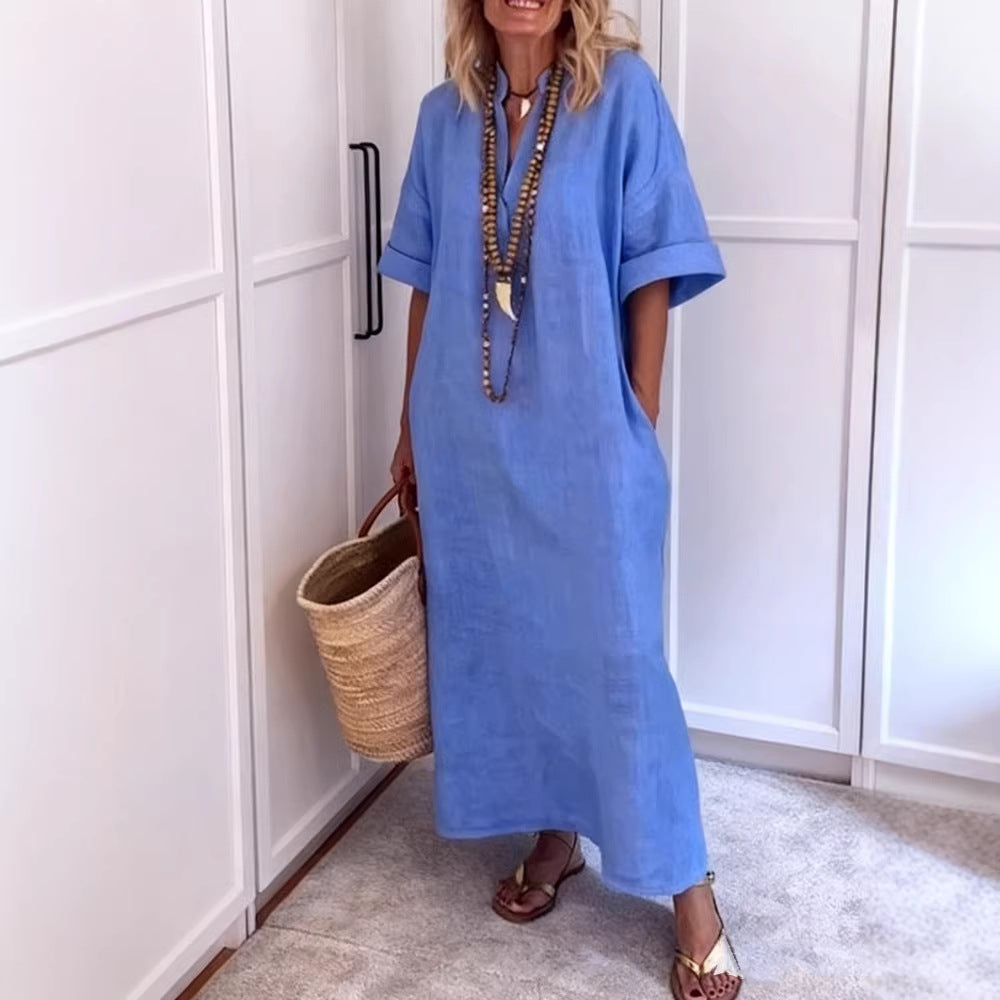 Damen Leinen Maxikleid mit V-Ausschnitt und praktischen Taschen