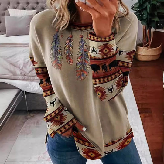 Damen Langarmshirt im Patchwork-Quilt-Design mit weichem Rundhalsausschnitt und kontrastierenden Bündchen Shop Nory