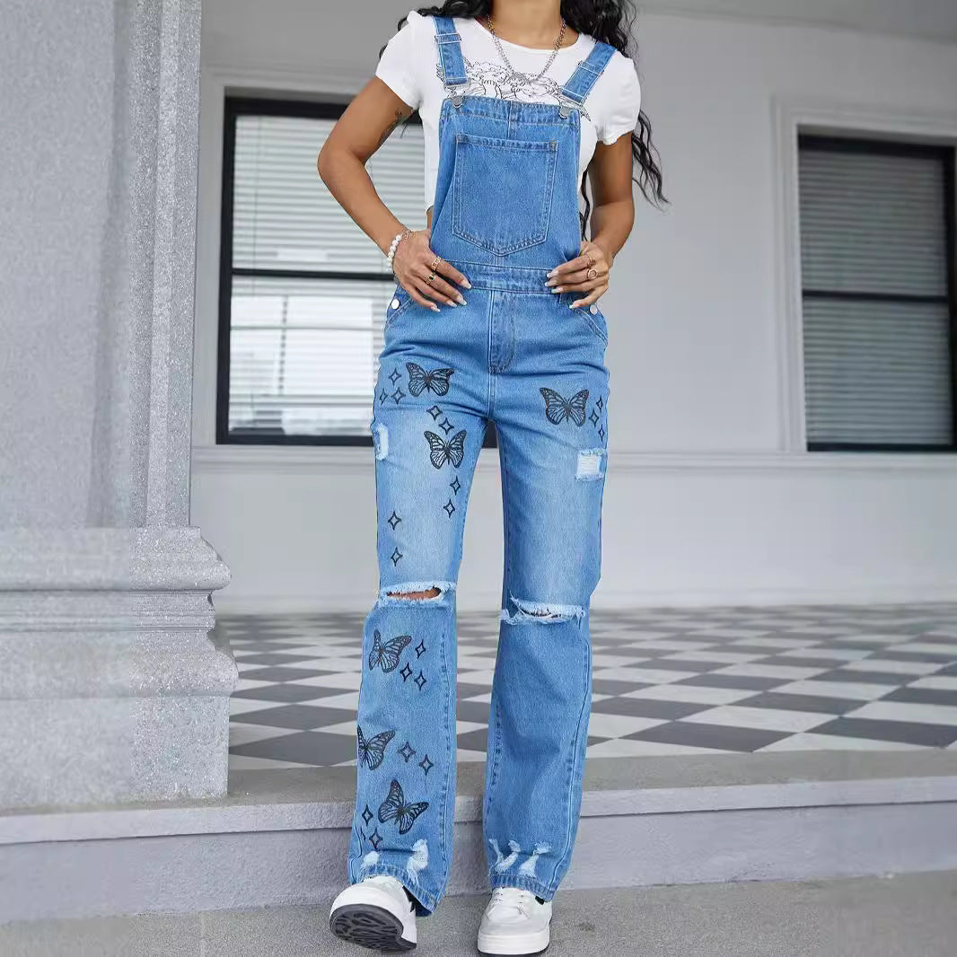 Damen Lässige Denim-Latzhose mit Schmetterlings-Print, distressed Knie & weitem Bein Shop Nory