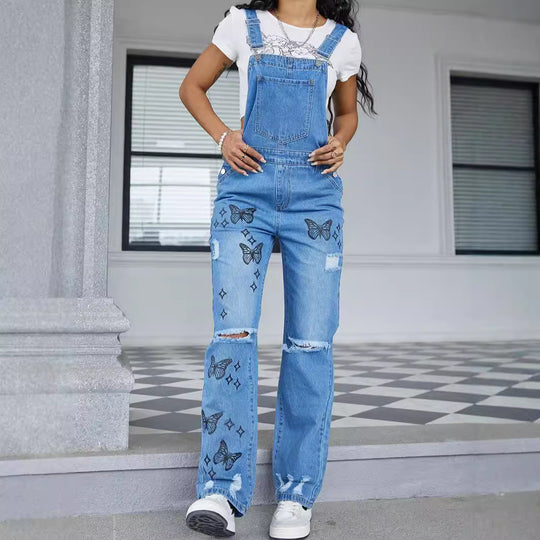 Damen Lässige Denim-Latzhose mit Schmetterlings-Print, distressed Knie & weitem Bein Shop Nory
