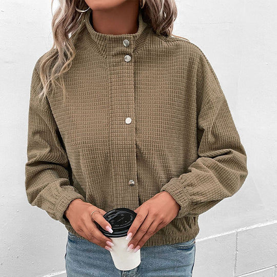 Damen Kurz geschnittene Waffelstruktur-Jacke mit Stehkragen und Reißverschluss Shop Nory