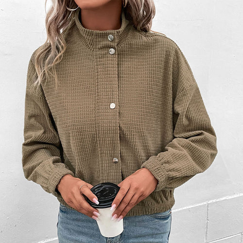 Damen Kurz geschnittene Waffelstruktur-Jacke mit Stehkragen und Reißverschluss Shop Nory