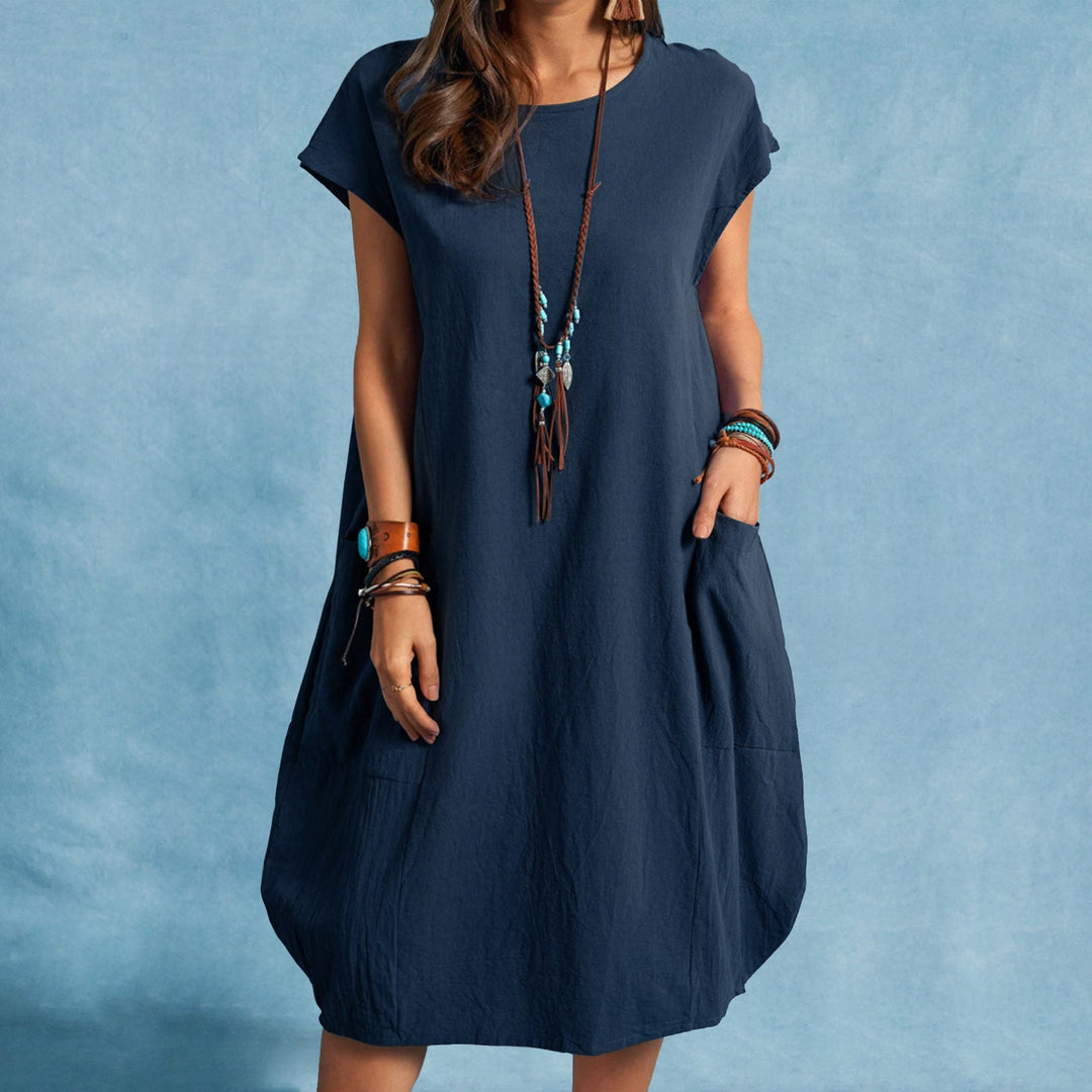 Damen lässiges Freizeitkleid mit seitlichen Taschen und Rundhalsausschnitt