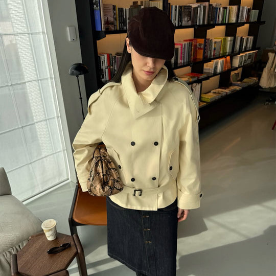 Damen Kurze doppeltknöpfte Trenchjacke mit hohem Stehkragen und Taillengürtel Shop Nory