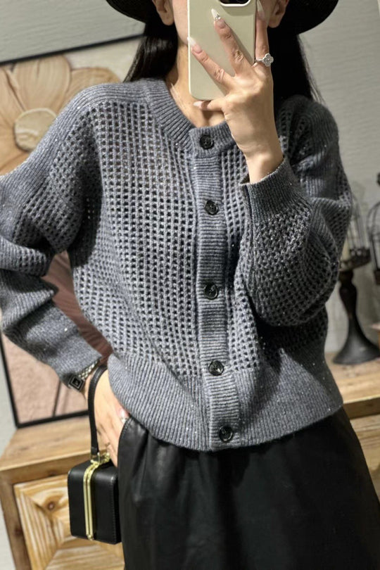Damen Lockerer Mesh‑Cardigan mit Gitter‑Ajour, Rundhalsausschnitt und Knopfleiste Shop Nory