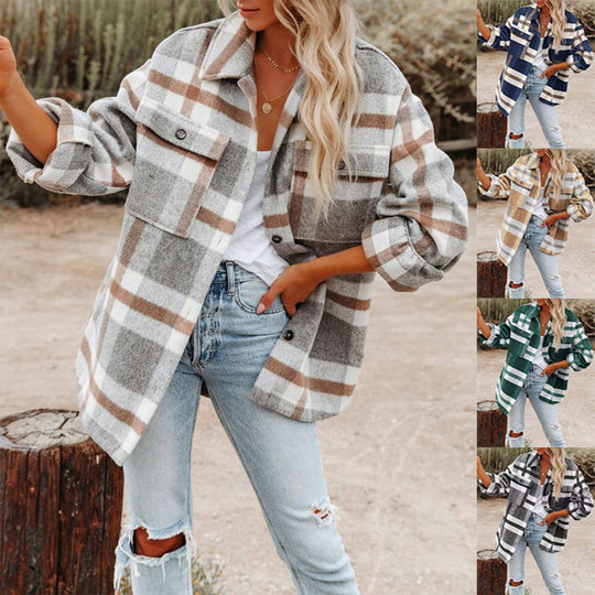 Damen Oversize-Karo-Hemdjacke mit Brusttaschen und weichem Flanell Shop Nory