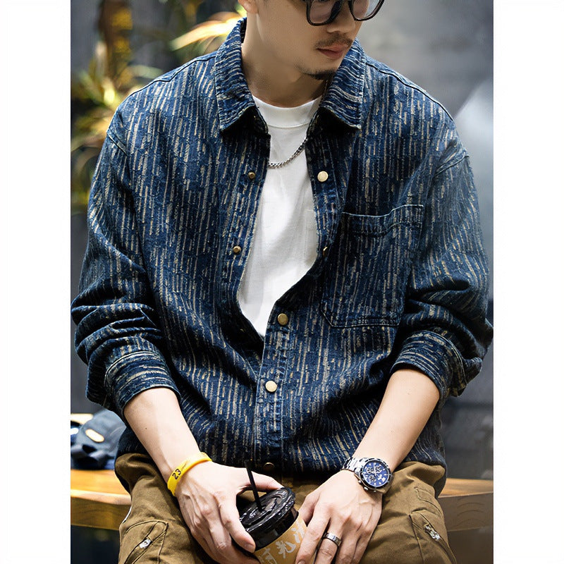 Herren Denim-Overshirt mit vertikaler Strukturprägung und Druckknopfleiste Shop Nory