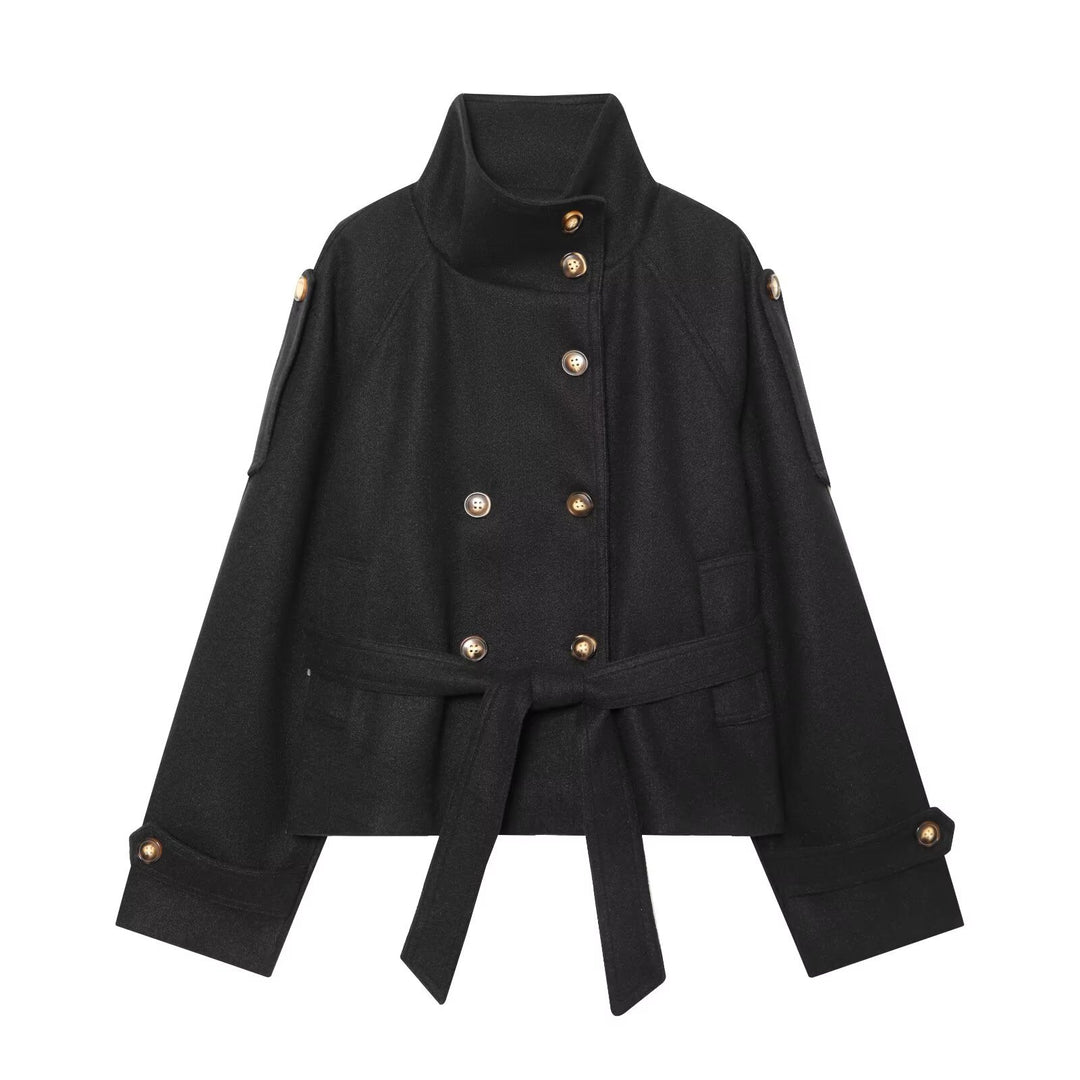 Damen Kurze doppelreihige Wollmix-Capejacke mit Stehkragen und Taillengürtel Shop Nory