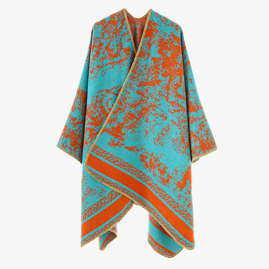 Damen Jacquard‑Überwurfponcho mit offener Front, kastiger Silhouette und fein gekettelter Saumkante Shop Nory