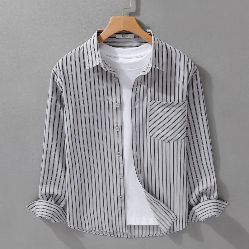 Herren Nadelstreifen-Langarm-Hemdjacke im Overshirt‑Stil aus leichtem Baumwollmix mit diagonaler Brusttasche Shop Nory