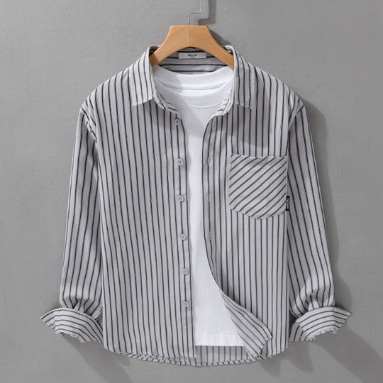 Herren Nadelstreifen-Langarm-Hemdjacke im Overshirt‑Stil aus leichtem Baumwollmix mit diagonaler Brusttasche Shop Nory