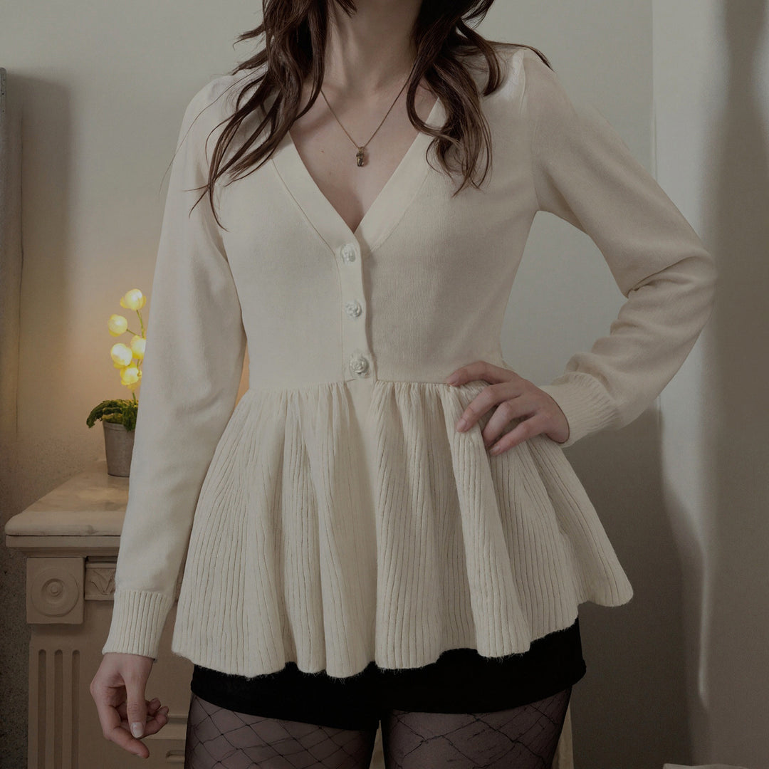 Damen nan geripptes Langarm-Top mit Empire-Taille, zierlicher Knopfleiste und Spitzenbesatz Shop Nory