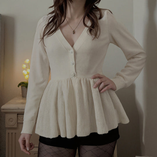 Damen nan geripptes Langarm-Top mit Empire-Taille, zierlicher Knopfleiste und Spitzenbesatz Shop Nory