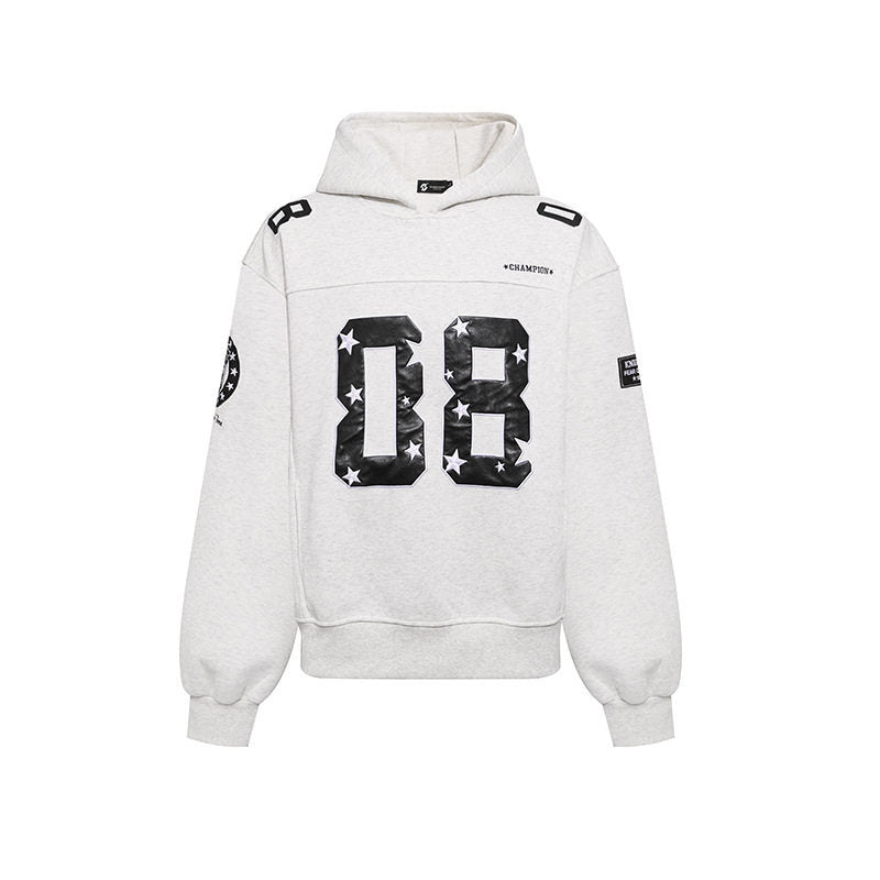 Damen Oversize Kapuzen-Sweatshirt mit großflächigem Zahlendruck und Sternapplikationen Shop Nory